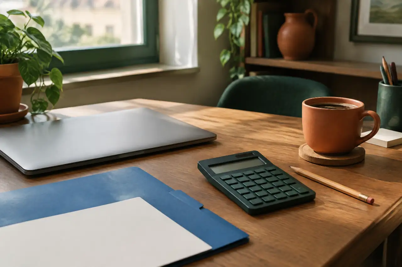 Escritorio con portátil cerrado, carpeta azul, calculadora y café