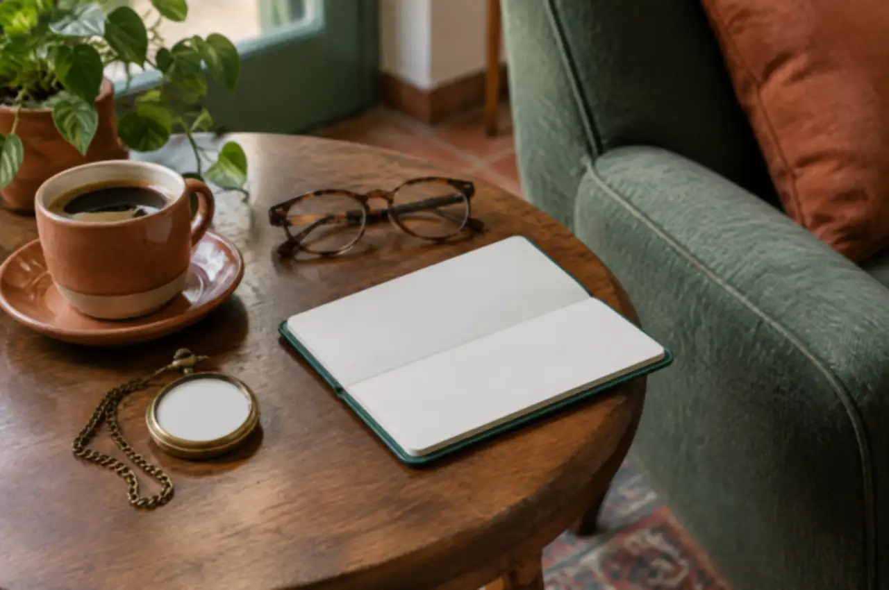 Reloj de bolsillo, libreta de ahorro y gafas en una mesita junto a un sillón