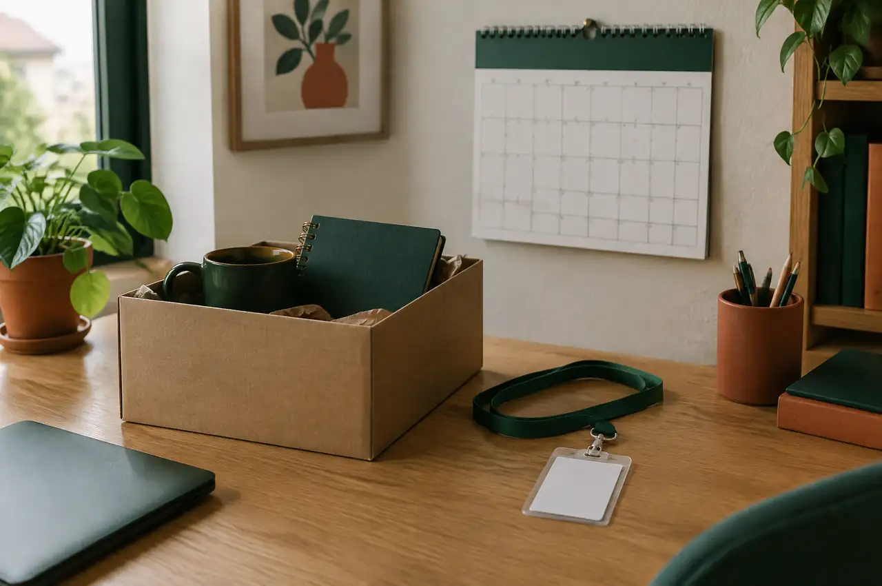 Calendario, caja con objetos y tarjeta de acceso sobre un escritorio