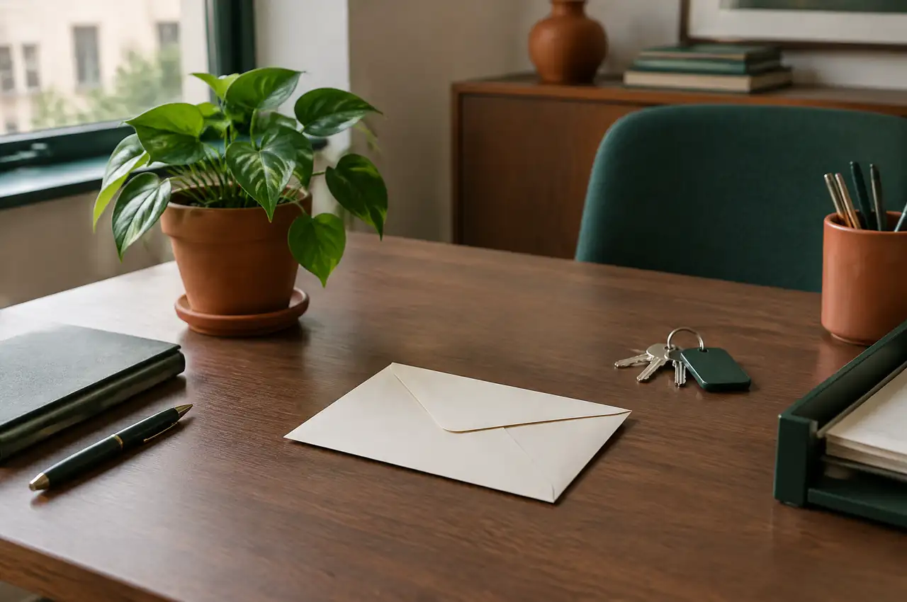 Sobre cerrado sobre un escritorio junto a unas llaves y una planta