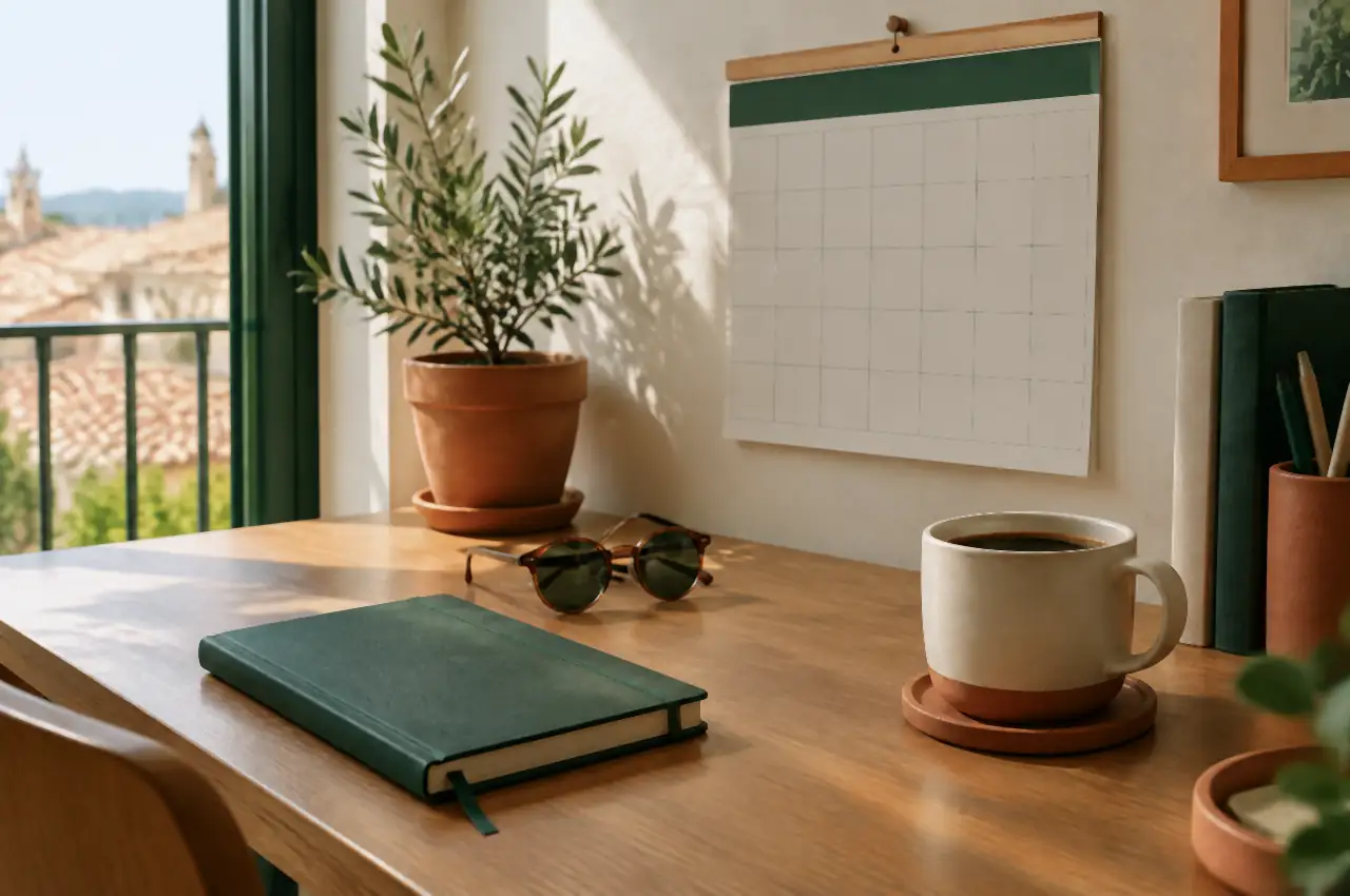 Calendario sin marcar, gafas de sol y agenda sobre un escritorio